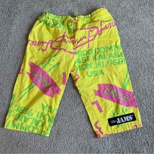 Vintage 1980s Jams Surf Shorts Neon Print Yellow Pink - Size Large